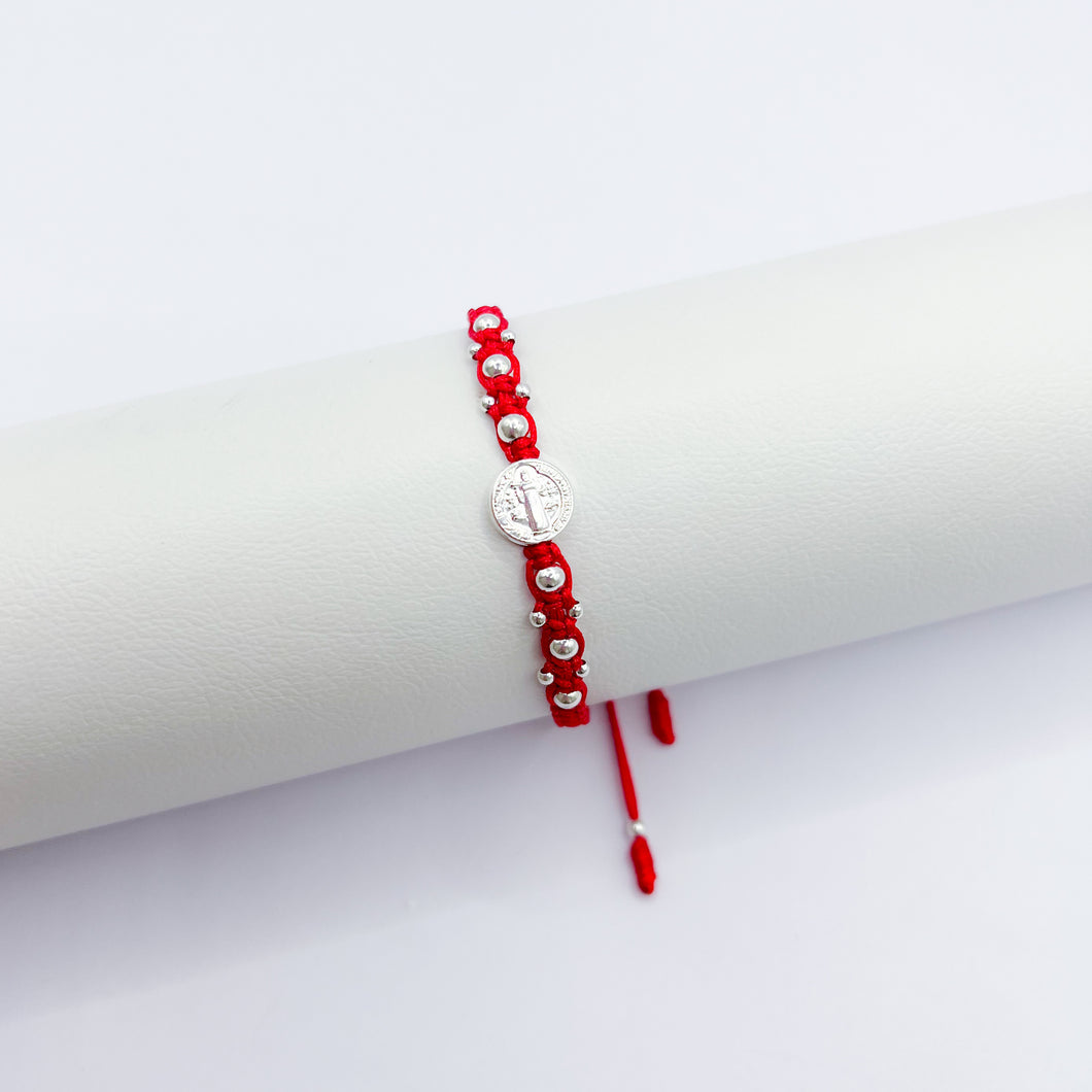 Pulsera Plata San Benito Tejida Roja